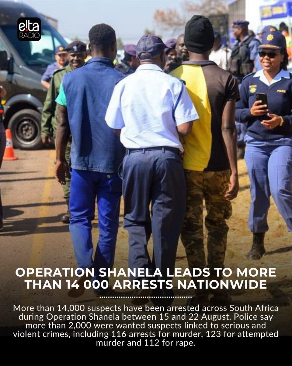 eitaradioza's tweet photo. Operation Shanela leads to more than 14 000 arrests nationwide
Among those arrested were 116 suspects for murder, 123 for attempted murder and 112 for rape.
#eitaradio #eitanews #keepingyouinformed #thetownships1stvoice https://t.co/UMKij2oSlX