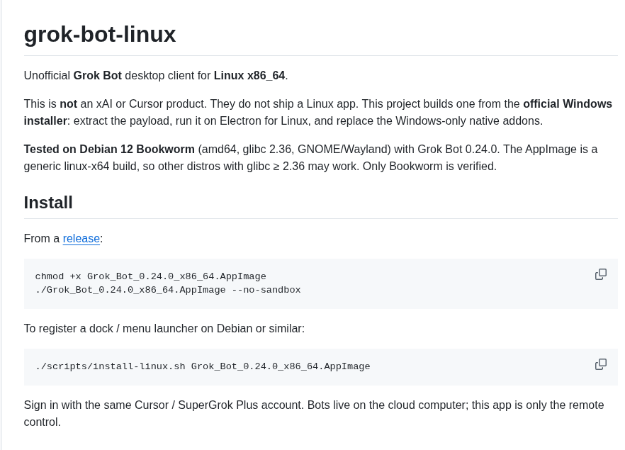 GloricsLab's tweet photo. No official Grok Bot on Linux.

I looked inside the official installer: Chromium, Electron. Same stack on Linux. I caught that part. Grok Build did the rest.

Client’s up:https://t.co/QW3ayx1icO https://t.co/n0be9BH0F4