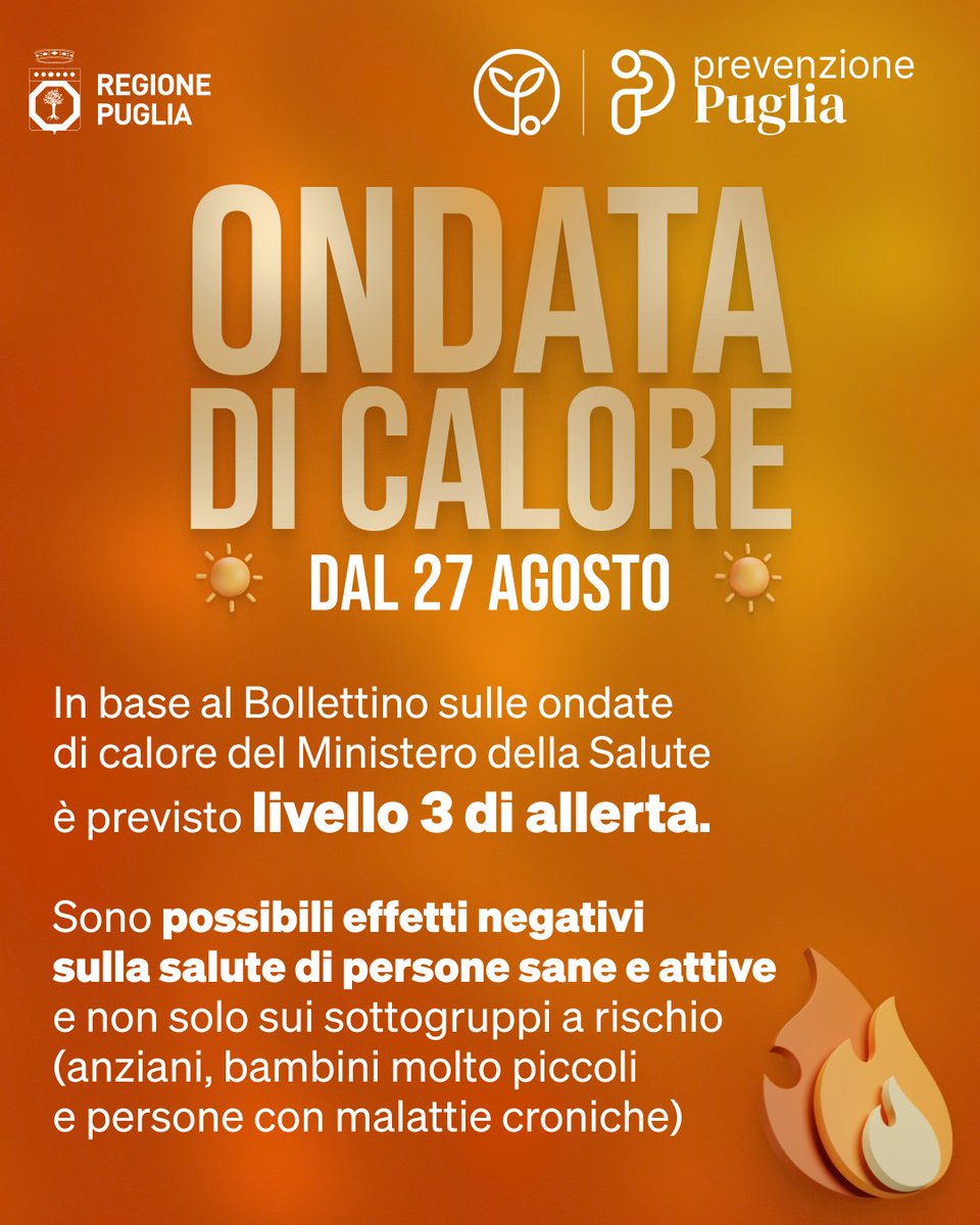 RegionePuglia's tweet photo. Dal 27 agosto il bollettino giornaliero del Ministero della Salute segnala il massimo livello di allerta in Puglia e l’arrivo di un’ondata di calore.

➡️ Segui le buone pratiche per prevenire i rischi legati al caldo estremo.

Consulta: https://t.co/RqRejj1JCK

#PrevenzionePuglia https://t.co/WiHZHB5khq