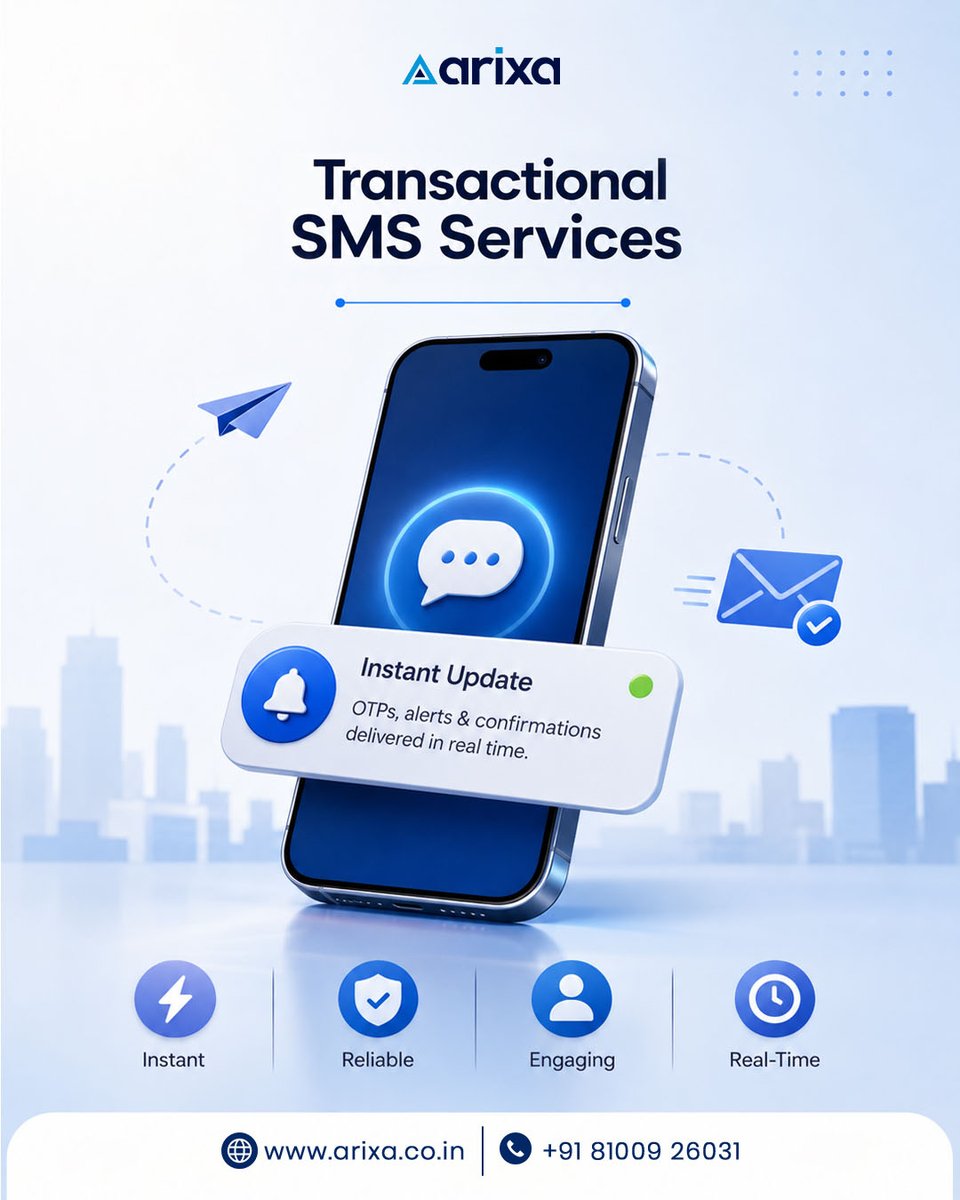 ArixaIndia's tweet photo. 📲 Never miss a beat! Arixa's Transactional SMS delivers OTPs, alerts & confirmations instantly — every time.
✅ Instant | 🛡️ Reliable | ⏱️ Real-Time
🌐 https://t.co/iarrEB1oNi | 📞 +91 81009 26031
#TransactionalSMS #Arixa #SMSMarketing #OTP https://t.co/Na18YcYbsi