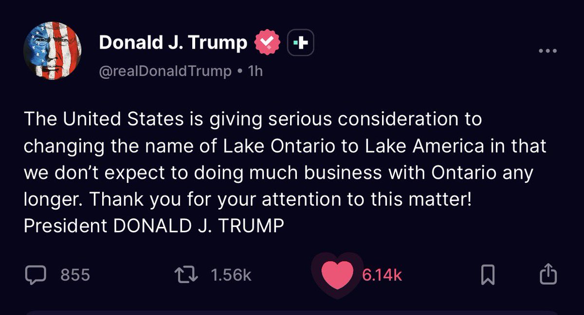 JayTC53's tweet photo. President Trump is going to change the name of Lake Ontario to Lake America... 

Lake America just sounds better. 🔥 

Make the change Mr. President ! https://t.co/5ocAPzEe9E