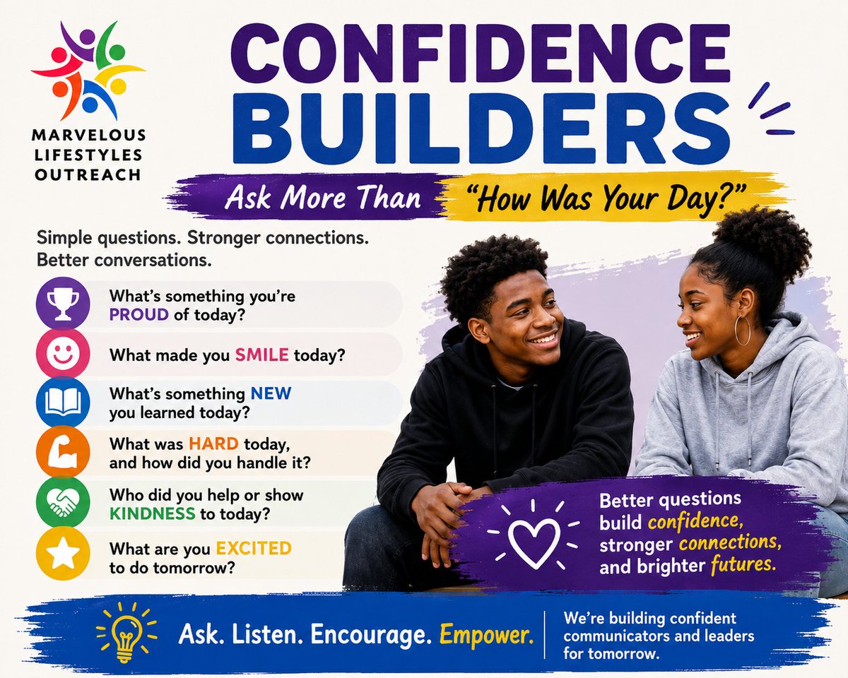ML_Outreach's tweet photo. 🌟💬 Confidence Builders

Want more than “fine” or “good”? Try asking your teen:

💪 What made you proud today?
🧠 What did you learn?
🎯 What challenged you?

#MLO #FutureWealthBuilders #FWB #ConfidenceBuilders #TeenDevelopment #YouthEmpowerment #ParentTips #BuildingLeaders https://t.co/UfUpteEZ7j