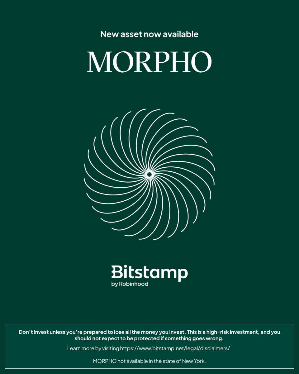 RobinhoodCrypto's tweet photo. New asset now available to trade on Bitstamp by Robinhood.

$MORPHO (Morpho) https://t.co/KNPgXaKlOe