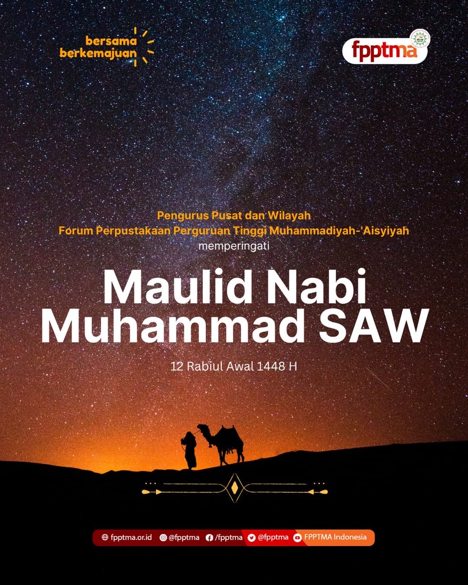 fpptma's tweet photo. 🌙 Selamat Memperingati Maulid Nabi Muhammad ﷺ 🌙

Semoga kita senantiasa mendapatkan syafaat Rasulullah ﷺ, istiqamah dalam mengikuti sunnahnya, dan menjadi umat yang membawa kemaslahatan bagi agama, bangsa, dan sesama.

Selamat Maulid Nabi Muhammad ﷺ 1448 H.

#FPPTMA https://t.co/y5JDADIVs6