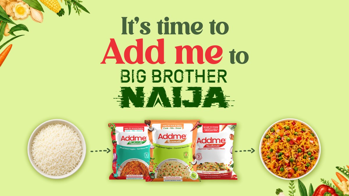 addmenigeria's tweet photo. From plain to properly upgraded meal

Rice, pasta or noodles whatever is on the menu, there’s an Addme Mate ready to bring the flavour and make every meal better without stress

This BBNaija season, we’re bringing that upgrade straight to the house.

It’s Time to Addme