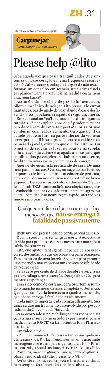 CARPINEJAR's tweet photo. ADESÃO A UMA CAUSA
“Lito curou muitas pessoas do medo de voar, desfazendo mitos populares a respeito da segurança aérea. Agora é ele quem está precisando de cura. Aos 59 anos, descobriu-se portador da doença de Creutzfeldt-Jakob (DCJ), uma condição neurológica rara, grave e conhecida por sua evolução extremamente agressiva e letal.”
Minha coluna de hoje em @gzhdigital 
https://t.co/B8giC0zV6n
