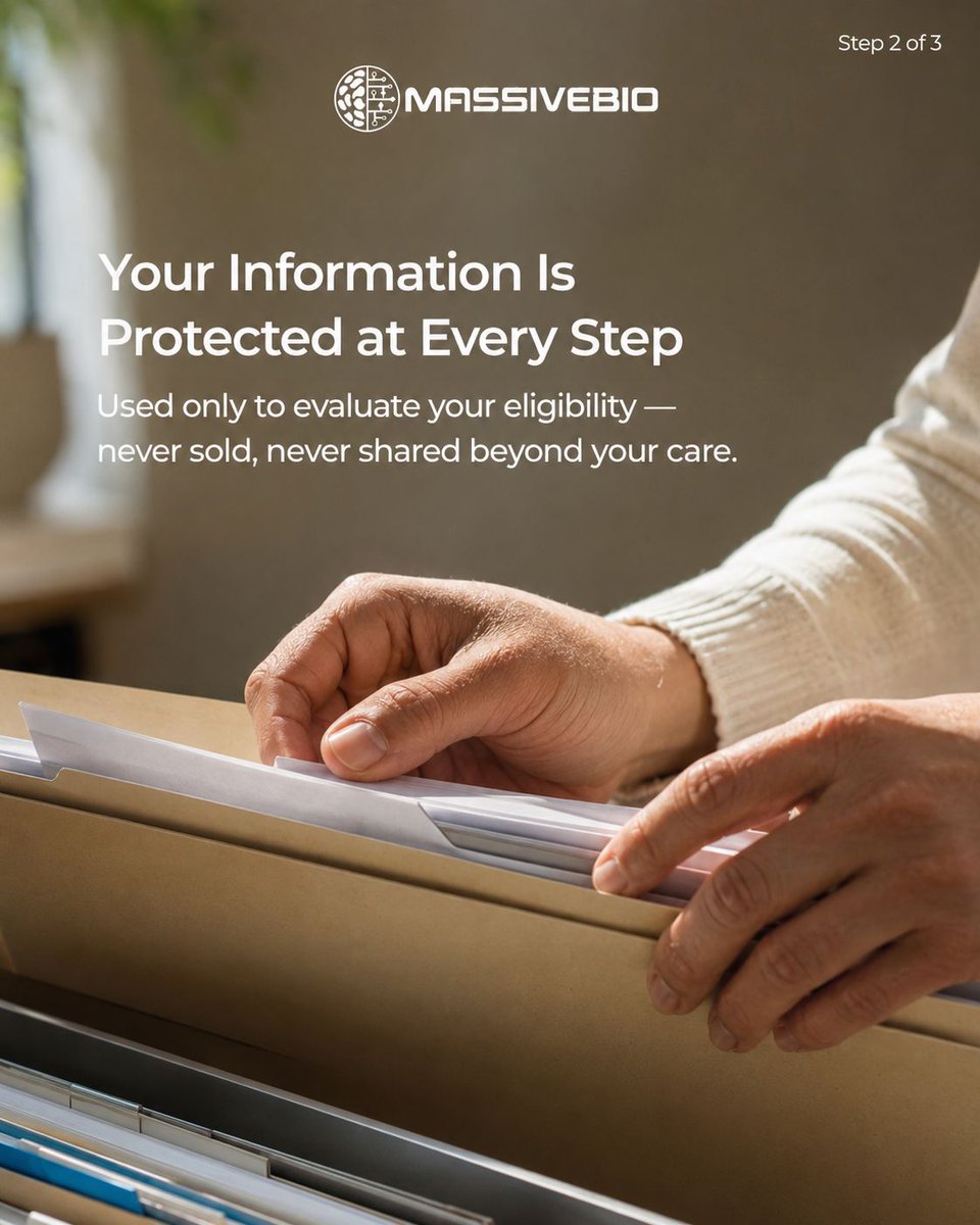 MassiveBio's tweet photo. We ask for your medical records for one reason: it's the only way to find trials that actually match your diagnosis.

Your information is protected at every step, never sold, never shared beyond your care.

Questions? We're here: https://t.co/fMPbrNQQut https://t.co/yvXY6ckugy