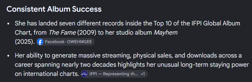 youdogermanote's tweet photo. fun fact: @ladygaga currently holds the record for the woman with THE most @IFPI_org GLOBAL top 10 single entries in ANY career, with a TOTAL of 7

4 won at the @RecordingAcad #GRAMMYs AND one of them won at the @TheAcademy #Oscars, @BAFTA, @goldenglobes AND @CriticsChoice https://t.co/Tg7It3TfTa