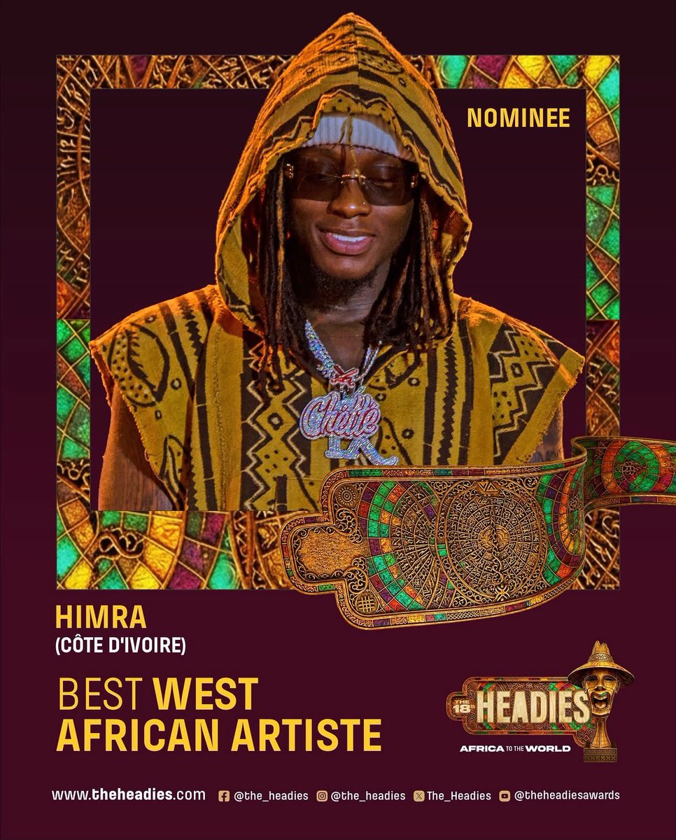 GroupeOmaci's tweet photo. 🚨Pour la deuxième année consécutive HIMRA est l'artiste ivoirien nommé aux HEADIES AWARDS  2026.

Rappelons qu'il avait déjà remporté l'édition précédente dans la même catégorie. https://t.co/ZjmCwR2PQD