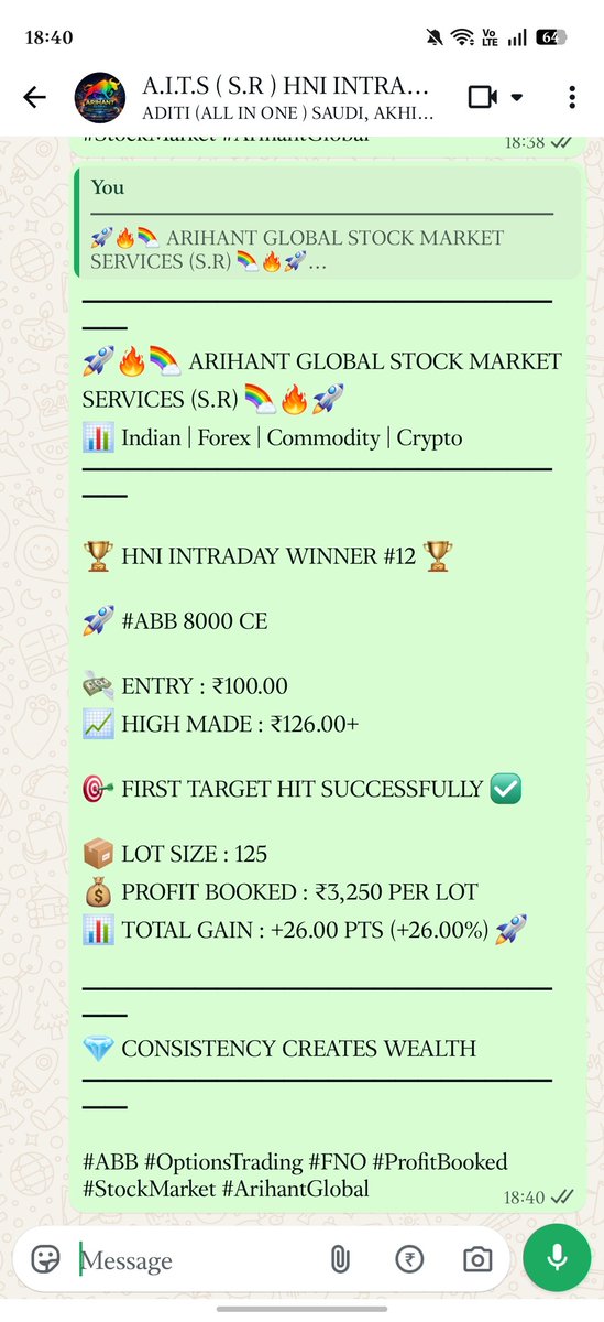 RahulKrati7013's tweet photo. 🏆 HNI INTRADAY WINNER #12 🏆

🚀 #ABB 8000 CE 

💸 ENTRY : ₹100.00
📈 HIGH MADE : ₹126.00+

🎯 FIRST TARGET HIT SUCCESSFULLY ✅

📦 LOT SIZE : 125
💰 PROFIT BOOKED : ₹3,250 PER LOT
📊 TOTAL GAIN : +26.00 PTS (+26.00%) 🚀
#ABB #OptionsTrading #FNO https://t.co/dy1Xij5nQn