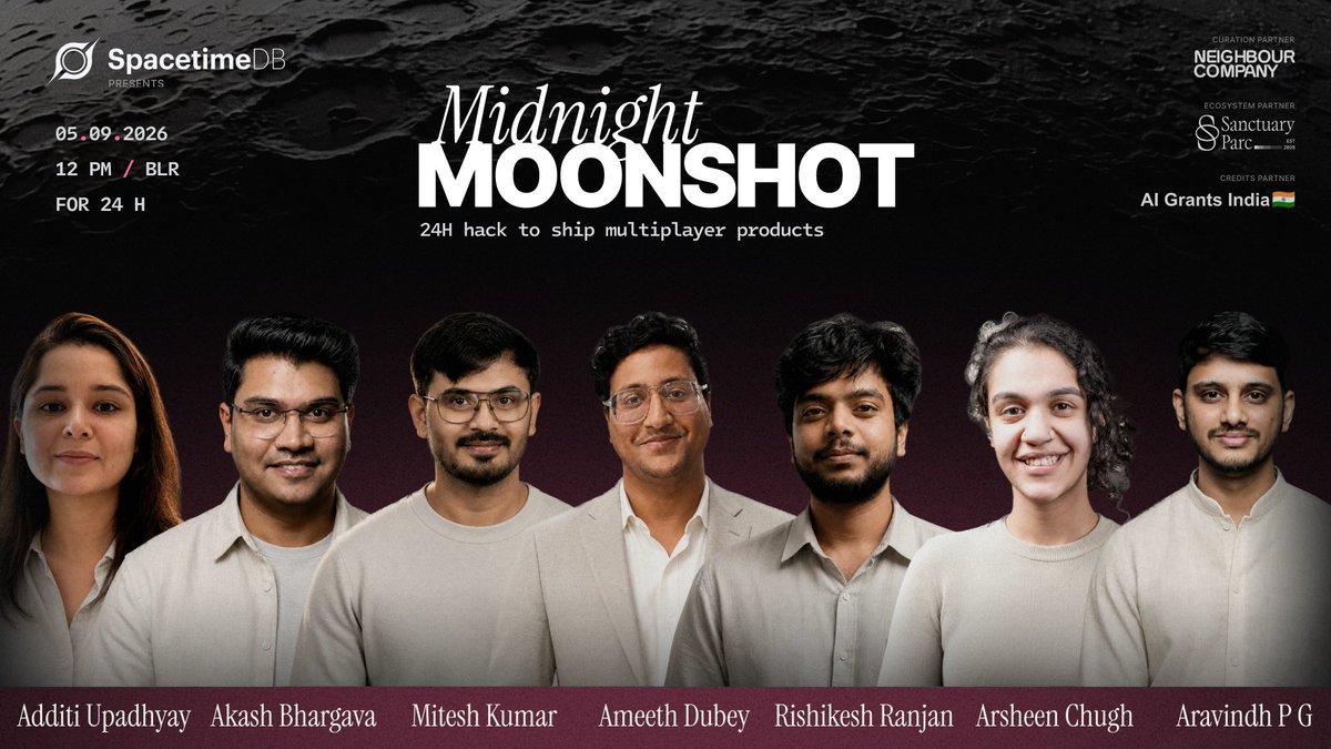 Bhoomiarora_'s tweet photo. presenting mentors for midnight moonshot 🌙
folks who've built big, now helping you ship. 

first, @Akash1477: vp growth & product at consuma
consumer insights for coca-cola, britannia & wpp. employee #5 at kirana club, scaled it to india's largest retailer network, 5M+ stores. sold his last company.

second, @itnmitesh: senior swe, red hat.
built their dev hub. prev built delhivery one, the platform 30,000+ businesses use to move 1M+ shipments a month.

Aravindh: principal pm at browserstack.
4 years at amazon on the cashless store tech. now runs the testing platform across 2000+ devices.

Additi: cofounder, noveum ai.
took https://t.co/hR8JmZfXpl to 4M+ monthly calls. led ai studio at sambanova. founding team at yc-backed spenmo.

Rishikesh: growth lead at ngram (yc).
made chatgpt a saas company's 3rd biggest signup source. #1 on product hunt. 7-figure deals with mamaearth, minimalist & himalaya.

@ameethdubey: founding growth at atomicwork.
runs automation, revenue, pipeline & growth. gtm for 60+ startups inc. hasura, sprinto & dhiwise.

and, arsheen: product at salesforce.
building the ai layer of data cloud. rag + vector search across jira, github & gmail. ex-phonepe. dreamforce speaker.

from scoping to shipping to launching, we've got you covered.

pick their brains and ship only the best.
credits powered by @aigrantsindia✨