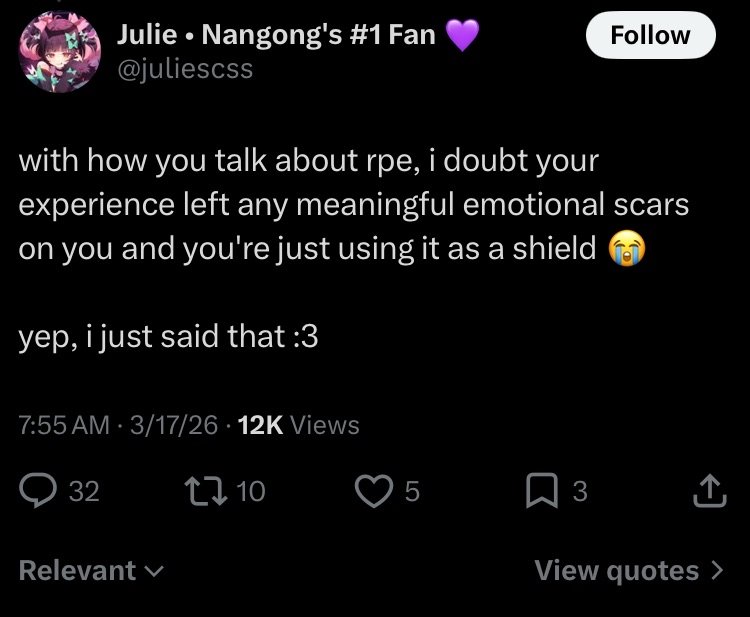brainlessantis's tweet photo. Hmm I wonder why, why do you not have friends I wonder hmmm

I wish that dude still ran "Antis are terrible people" acc, you're premium content https://t.co/6UWJqdpdv8