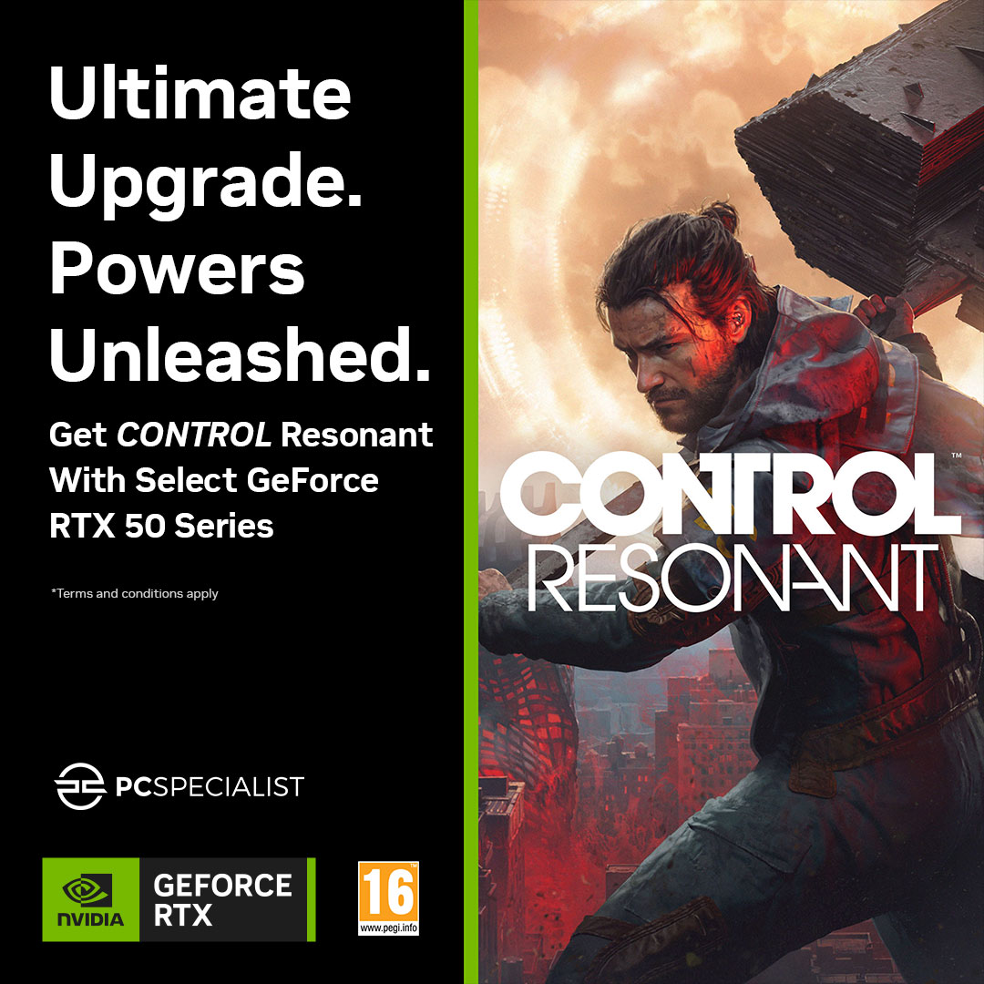 PCSpecialist's tweet photo. Explore a warped Manhattan on the brink of annihilation in CONTROL Resonant, a thrilling action-adventure RPG. Get the game with select @NVIDIAGeForceUK
RTX 50 Series GPU's 🎮   

Configure now 📷 https://t.co/DaHGJl9yUi https://t.co/RipdDNJDsX