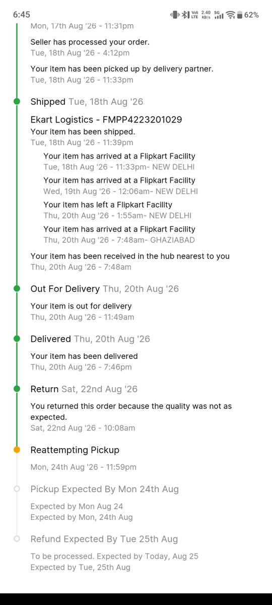 45_Ro_Hitman's tweet photo. I've never had single good experience with @flipkartsupport idk if this is coincidence or they r all abt Scams and Frauds!
It was supposed to be picked up 23 AUGUST 2026, delayed till 24 then TODAY 25!
Now today AT 6:40 I RECEIVED THIS MSG FROM FLIPKART, EVEN THOUGH I DIDNT RQST https://t.co/fTqWqvo4t9