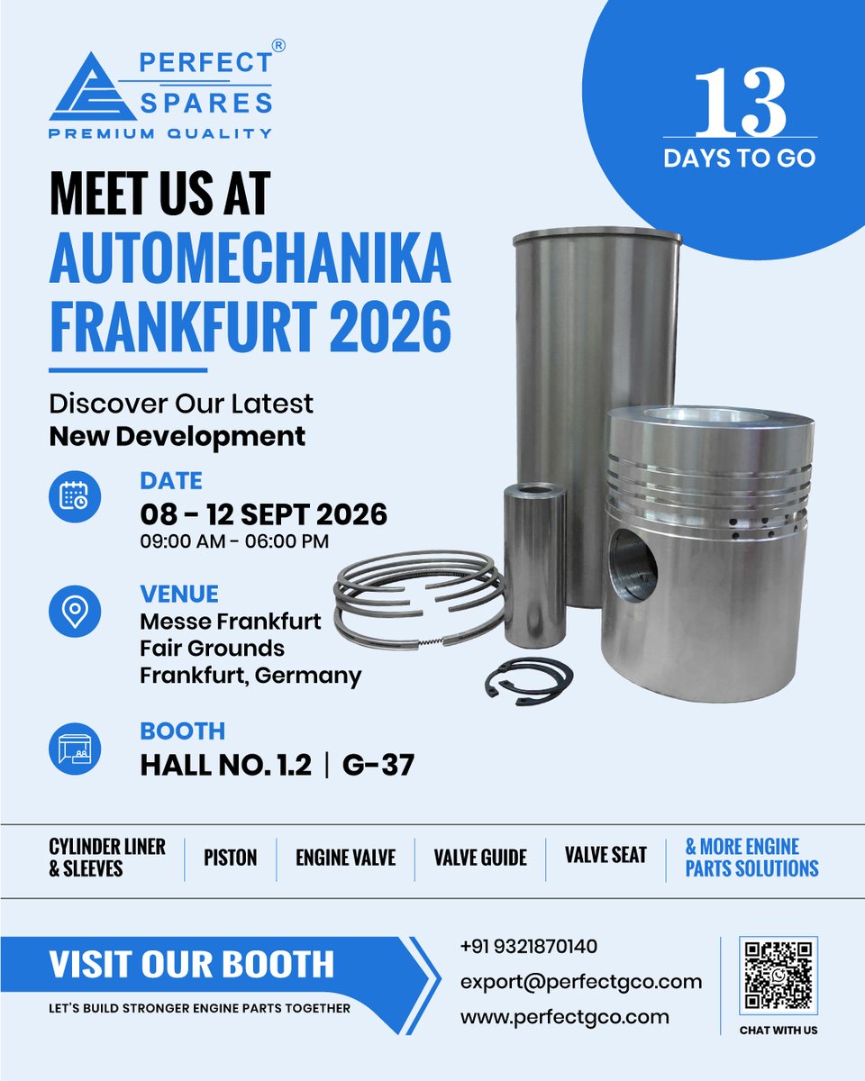 pgcoindia's tweet photo. 🚗 Meet Perfect Spares at Automechanika Frankfurt 2026! 📷 Discover premium engine parts: pistons, liners, valves &amp; more. 📷#Automechanika2026 #EngineParts https://t.co/AsSGk4rFbi