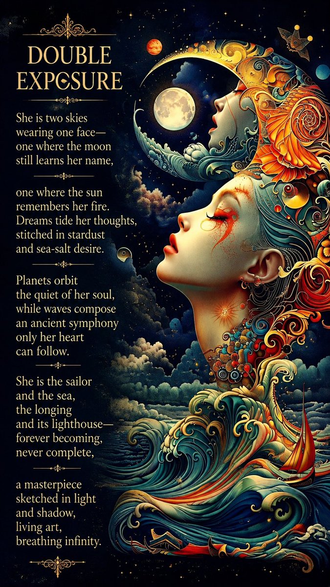 DrNaveedAhamed1's tweet photo. Two skies within her,
moonlight cradles her silence—
sunfire stirs beneath.
Waves remember her longing;
she sails beyond herself.
#bionicanadian @bionicanadian #Double_exposure https://t.co/I7KCWWRX0u