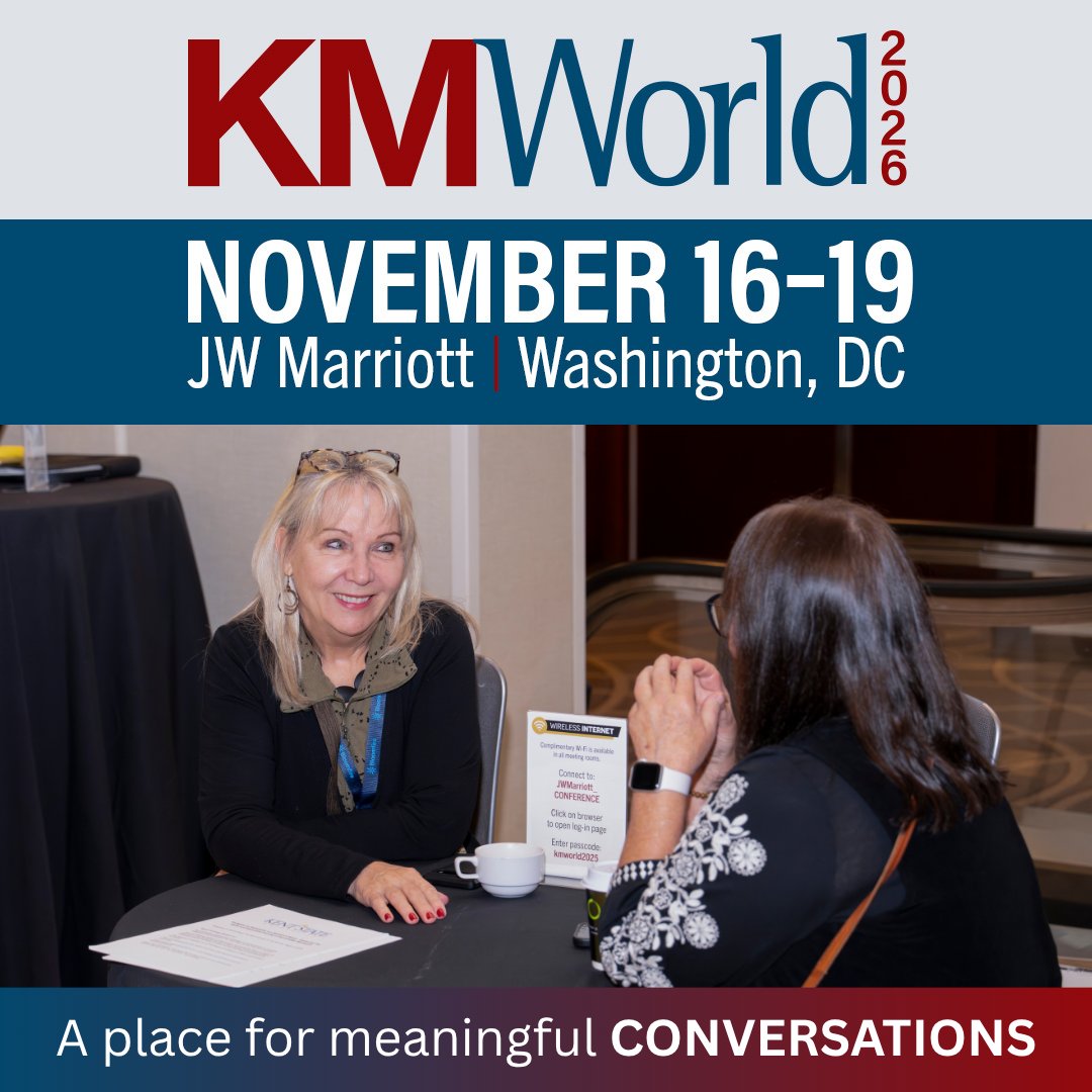 KMWorldMagazine's tweet photo. The best ideas don't always happen on stage. They happen over coffee, between sessions, and with people who understand your challenges. Be part of the discussions shaping the future of knowledge management at #KMWorld. Use our link to save an extra $100 off with code SOC100. https://t.co/KXGm0UVIeP