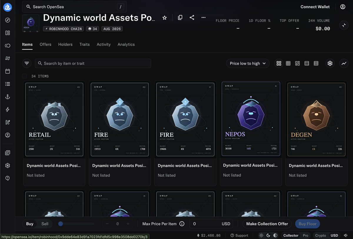 dynamicRWA's tweet photo. Dynamic world Assets Position NFTs are now live on OpenSea.

Fully onchain NFTs on Robinhood Chain. No server hosted metadata and no offchain artwork. Each NFT features dynamic artwork that represents its Position tier within the Dynamic world Assets ecosystem.

Explore the collection:
https://t.co/2LukWVUt4c