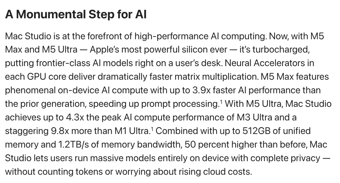 Mayhem4Markets's tweet photo. Apple describes its new Mac Studio M5 Max and Ultra as "A Monumental Step for AI" ahead of release. https://t.co/fiOCv9YeHh