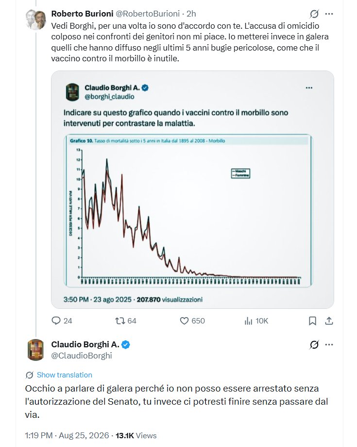 RobertoBurioni's tweet photo. Il Senatore @ClaudioBorghi, messo di fronte alle tragiche conseguenze che possono provocare le bugie sui vaccini che racconta da anni, visto che se scrive al mio Rettore nessuno se lo fila stavolta minaccia di mandarmi in galera. https://t.co/BLWDKFDC2X