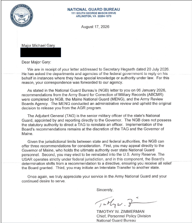 MartyrJose1776's tweet photo. 🚨🚨@SecWar  @PeteHegseth  — Three appeals. Each time, NGB concedes a little more. One question remains unanswered.🇺🇸🇺🇸🇺🇸🇺🇸

27 JAN 2025: President Trump issues EO 14184 to restore Service Members harmed by the COVID-19 vaccine mandate.

13 JUN 2025: ABCMR case AR20250003642 finds by a preponderance of the evidence that an injustice occurred and grants corrective relief. https://t.co/zQZeYcfeLb

29 JUL 2025: ARBA transmits the approved Record of Proceedings for corrective action.

6 AUG 2025: ARBA describes my favorable ABCMR decision as correcting my records to show my:

“contingent reassession into full time status with the Maine Army National Guard in accordance with provisions under Executive Order 14184.”

Then began my appeals directly to Secretary Hegseth.

FIRST APPEAL — 25 NOV 2025

I asked Secretary Hegseth to intervene because NGB and MEARNG still had not implemented my ABCMR restoration.

NGB's 6 JAN 2026 response took a categorical position:

“The ABCMR decision is not directive in nature but a recommendation to the Adjutant General of the Maine National Guard.”

SECOND APPEAL — 20 JUL 2026

I again asked Secretary Hegseth to examine my case—this time specifically identifying AR20250003642 as a ground-zero example of the “Roadblocks and Impediments to Reinstatement.”

NGB responded again on 17 AUG 2026.

But its position moved.

NGB now acknowledges that if I transfer to the U.S. Army Reserve:

“the Board's determination shifts from a recommendation to a directive, ensuring you receive all relief the Board granted.”

That is a significant concession.

NGB has now acknowledged that my ABCMR determination can be directive and can ensure that I receive the relief granted by the Board.

Yet NGB simultaneously maintains that implementation through the Maine Army National Guard:

“remains at the discretion of the TAG and the Governor of Maine.”

So we have arrived at the central question:

Does NGB really believe a State TAG has discretion to prevent implementation of restorative relief arising from President Trump's EO 14184, while the exact same ABCMR determination becomes directive if implemented through another Army Reserve Component?

THIRD APPEAL — dated 22 AUG 2026 / sent 24 AUG 2026

I have now placed that precise question before Secretary Hegseth.

The Department's 1 APR 2025 policy applies to the Active and Reserve Components and identifies the Service Member's acceptance of reinstatement as the contingency.

I accepted reinstatement on 31 AUG 2025.

NGB has instead substituted the Maine TAG's acceptance for mine.

Mr. Secretary, after three appeals, the issue has become remarkably simple:

Who has the final word over implementation of EO 14184 corrective relief—the President and his Secretary of War, or the Maine TAG?

If NGB believes Title 32 gives the Maine TAG that veto, it should identify the statute, regulation, or Department policy that says so.

Three appeals. Three progressively narrower NGB positions. Still no citation to that authority.

AR20250003642.