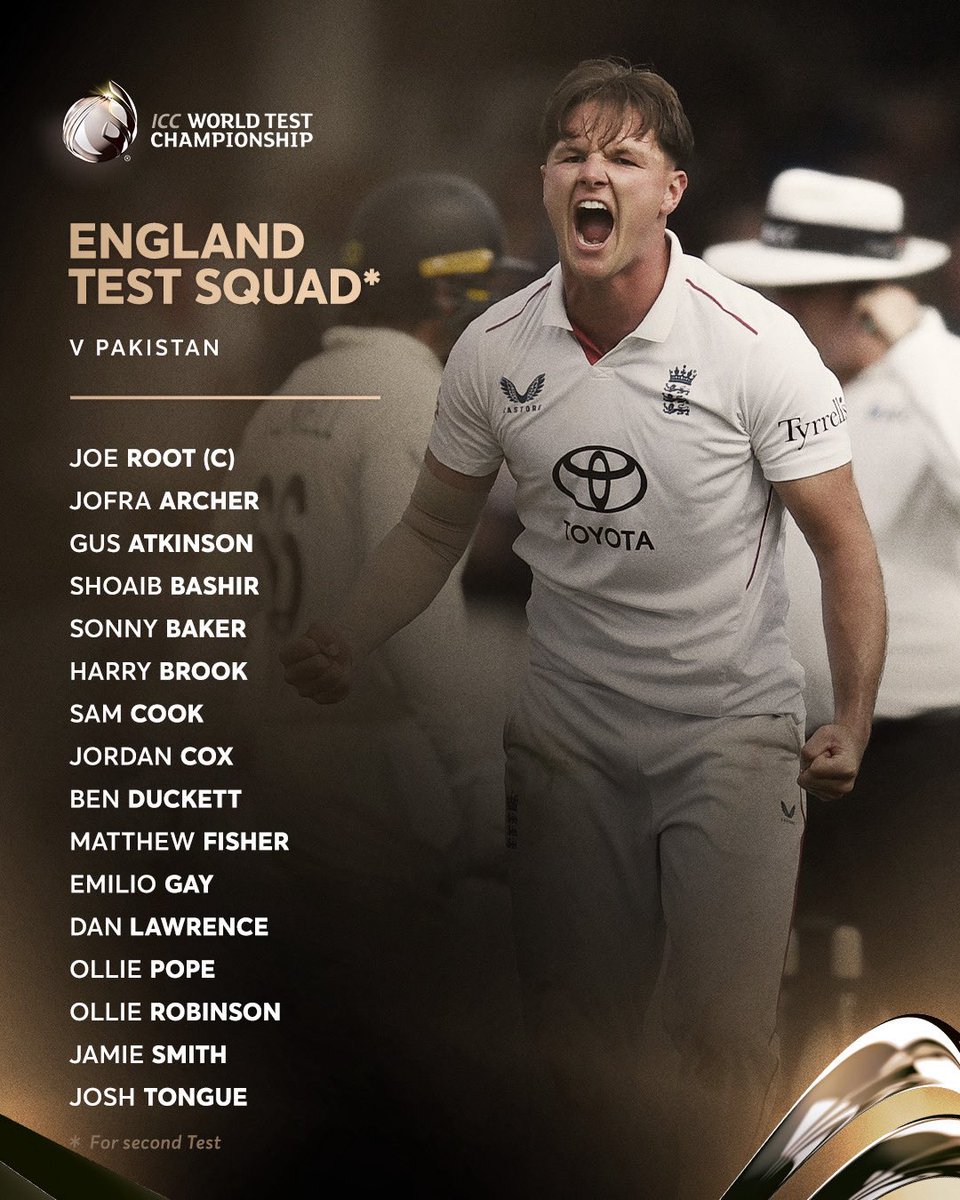 ICC's tweet photo. Sonny Baker joins England’s squad as they look to seal the #WTC27 series against Pakistan at home 👊

More details 👉 https://t.co/5chDltrGUP https://t.co/mlk54FITgM