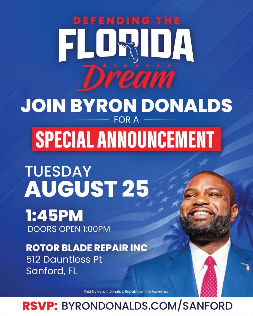 RyanElijah's tweet photo. Good morning, I am looking forward to this announcement today in Sanford.  Come join us in supporting our next Governor, @ByronDonalds! https://t.co/KKt7ZQT4cl