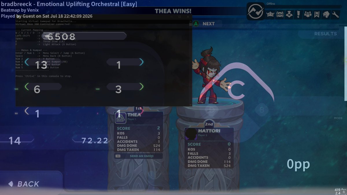 JunaidIRF_'s tweet photo. Made a python script using vgamepad to play Brawlhalla and osu! at the EXACT SAME TIME. Used celeron533/Stealth to run osu! as a transparent overlay on top. 

left hand (keyboard only) for brawl
right hand (mouse only) for osu

idk why i did it lol

#osugame #brawlhalla #python https://t.co/aEAWclTQh5