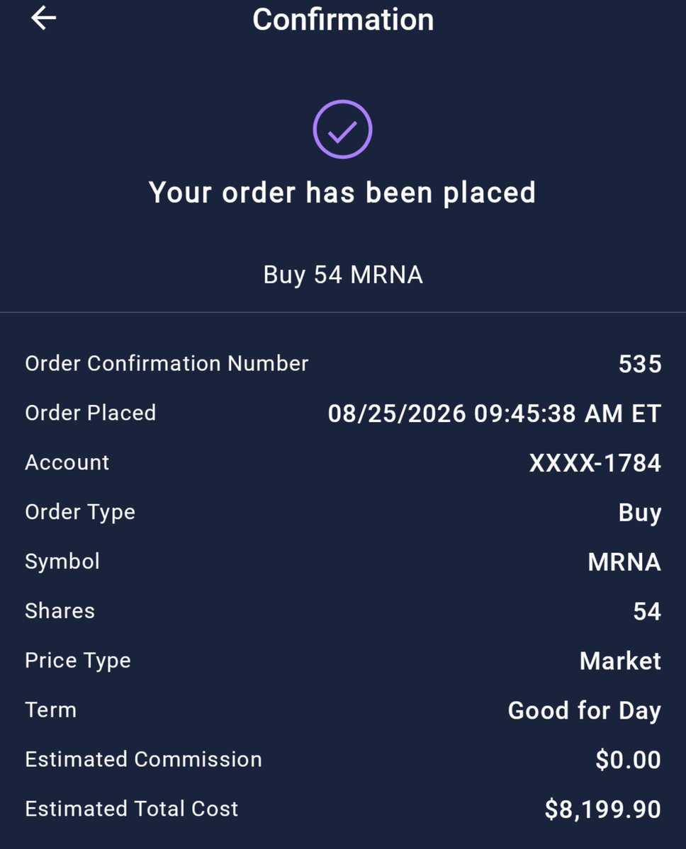 GeorgiesInvest's tweet photo. Move made.

Put the 7K Challenge account into $MRNA.

54 shares at $151.55
Position: $8,183.70
Account: $8,299.17

The Phase 3 melanoma win changed the story. High-risk momentum trade.

Stop: $135
Watching $159.50, then $174–176. https://t.co/fcz0kdOWwE
