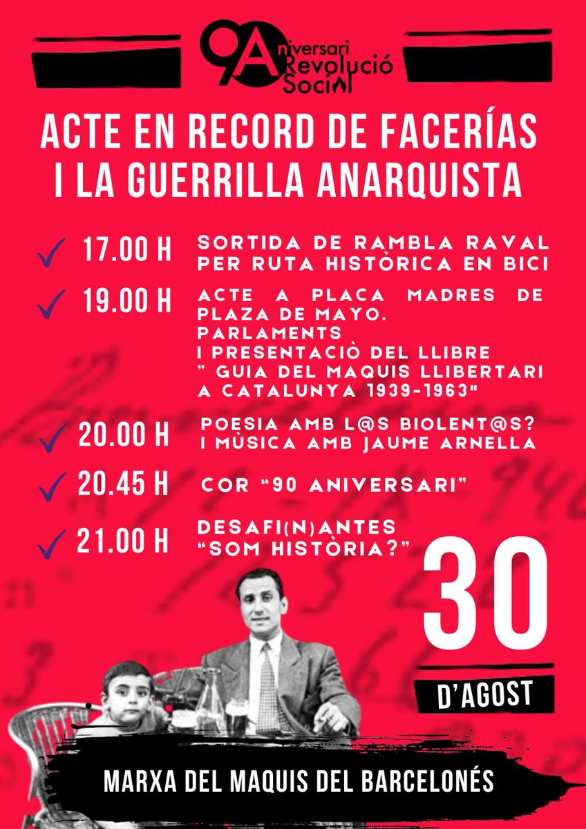 CGTBarcelona's tweet photo. 👉Acte en record de Facerias i la guerrilla anarquista 🏴

📆diumenge 30 d’agost del 2026

⏰17h Sortida ruta històrica en bici 🚲Rambla del Raval (C/Magallanes 13)

⏰19h Acte plaça Madres de de la plaza de Mayo (Nou Barris): parlaments, poesia, música en directe i més ❗️ https://t.co/AM147e8NGt