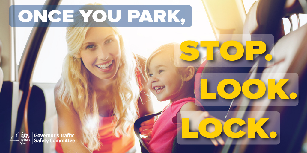 NYSGTSC's tweet photo. Once you park, stop, look and lock! 

The summer heat is still in full swing, causing cars to become hot and dangerous if left unattended. As a reminder, always double-check your car before you lock it and make sure children know NOT to get into cars without an adult. Call 911 immediately if you see a child alone in a locked car. 

Learn more about heatstroke awareness and prevention by visiting https://t.co/v49kPMzy7d. #GTSC #Heatstroke #Safety