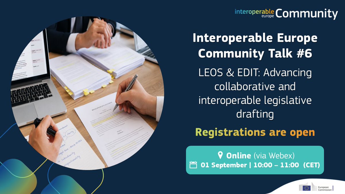 InteroperableEU's tweet photo. How can digital tools make legislative drafting more collaborative, consistent & #interoperable?
Join the Community Talk #6 to explore how LEOS & EdiT are supporting digital-ready legislation, digital sovereignty & responsible #AI.
👉 Register: https://t.co/BTaBq2zrK2 https://t.co/diDEss448r