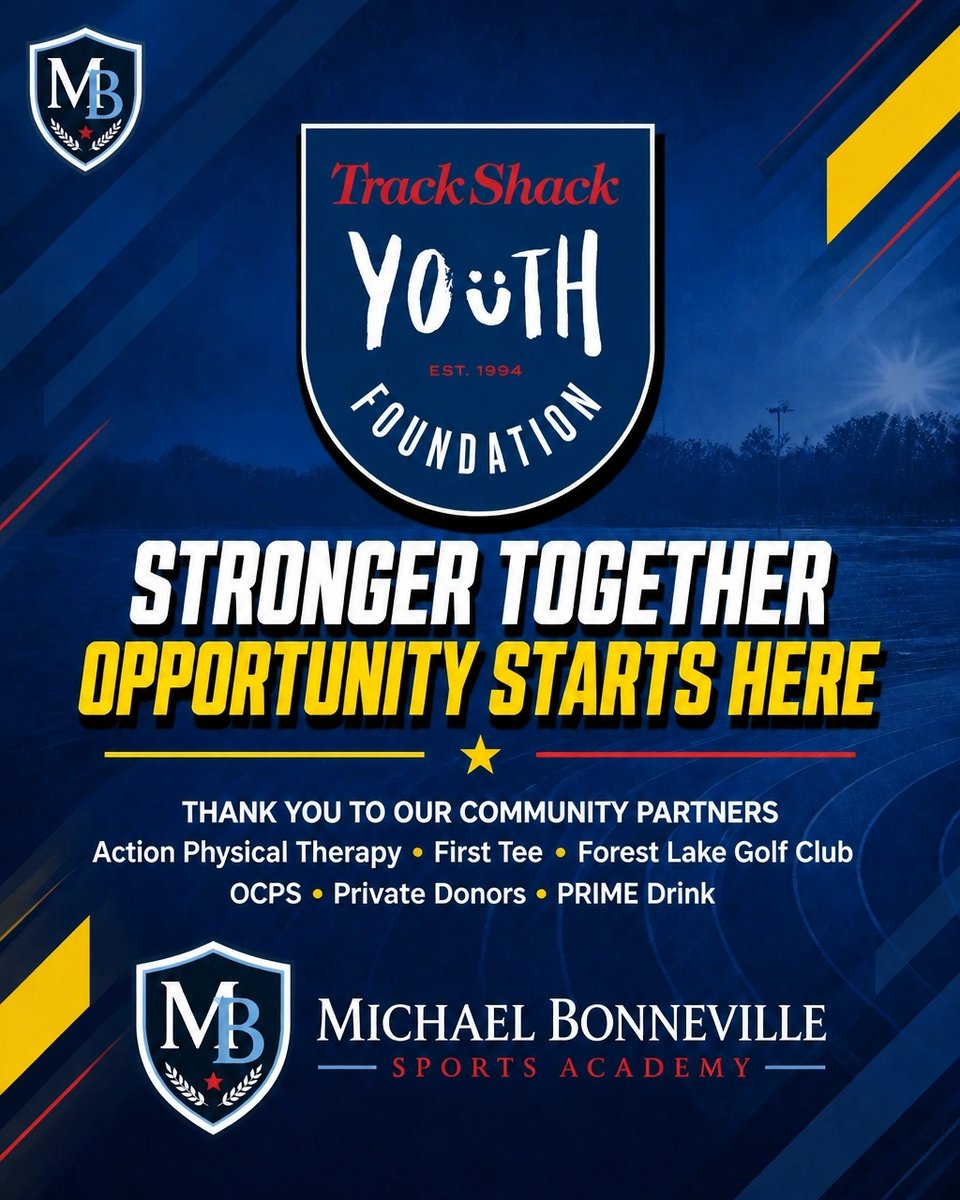 MBSportsAcademy's tweet photo. BIG SUPPORT BUILDS BIG DREAMS. ππ Thank you, Track Shack Youth Foundation (Est. 1994); our official sponsor! We appreciate Action PT, First Tee, Forest Lake Golf Club, OCPS, donors & PRIME Drink. #MBSA #TrackShack https://t.co/GvDSr3wAXg