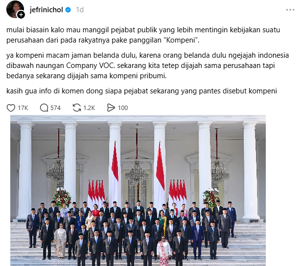MurtadhaOne1's tweet photo. Aktor dan model JEFRI NICHOL mengajak netijen utk menyebut pejabat2 yang lebih mementingkan perusahaan dgn sebutan KOMPENI https://t.co/p2Y8cJtR7g