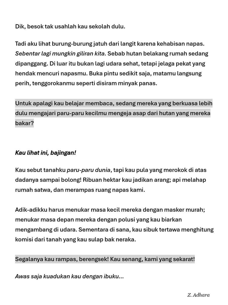 kanessailsie's tweet photo. bagaimana bisa kau tertidur nyenyak dengan napas lega, sementara kami kau paksa bernapas dari sisa asap kejahatanmu? 

#PRAYFORINDONESIA
#AllEyesOnIndonesia https://t.co/qlLSpwbEqV