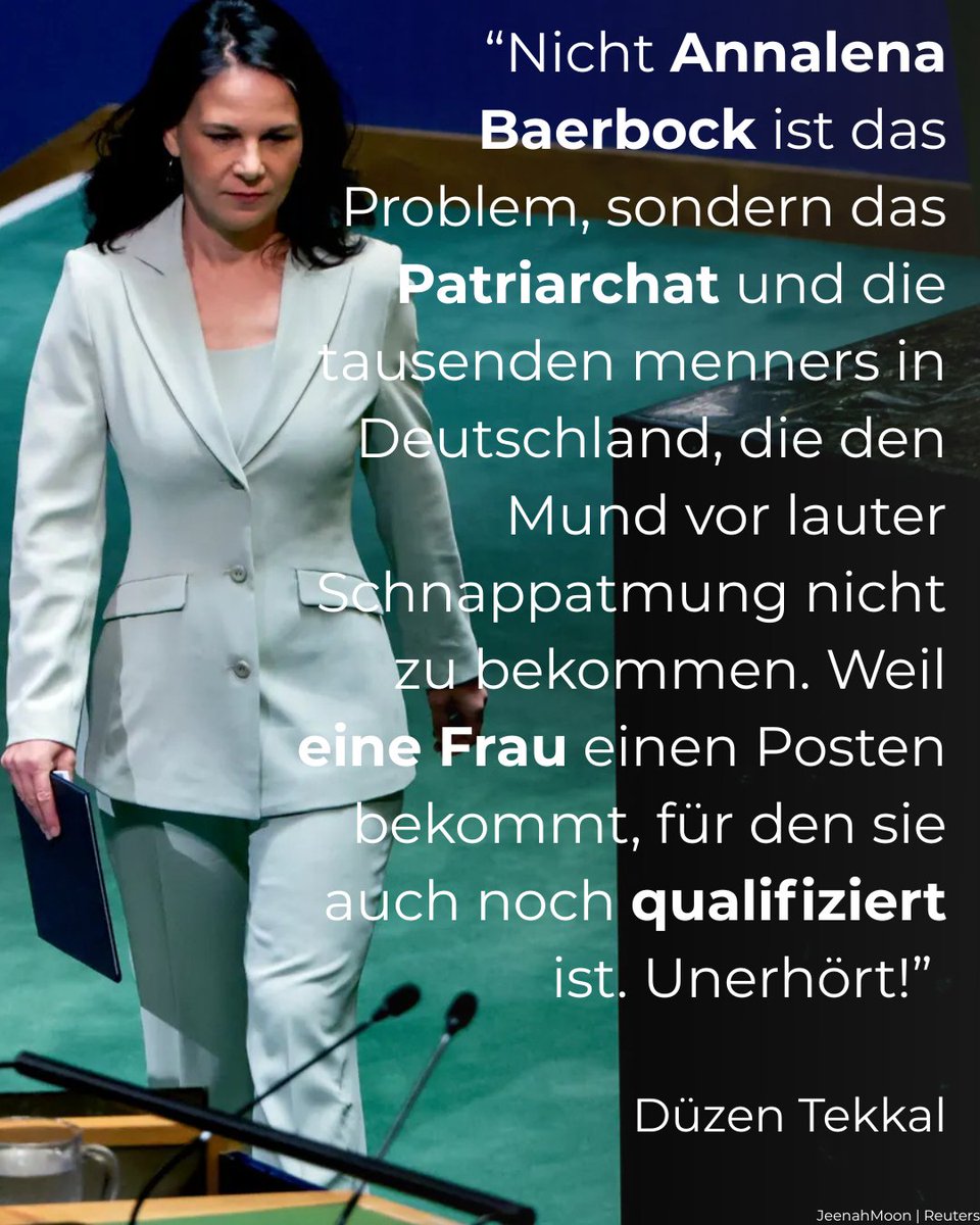 DuezenTekkal's tweet photo. Eigentlich wollte ich dazu nichts sagen, aber die Reaktionen auf die Nachricht, dass @abaerbock @UN_PGA eine Professur an der @Columbia University übernehmen soll, sind so ekelhaft, dass ich mich als Frau dazu äußern muss! Was bei männlichen Politikern nach ihrem Ausscheiden aus einem Amt Gang und gäbe ist, ist natürlich bei einer Frau unverzeihlich.

Nicht Annalena #Baerbock ist das Problem, sondern das Patriarchat und die tausenden menners in Deutschland, die den Mund vor lauter Schnappatmung nicht zu bekommen. Weil eine Frau einen Posten bekommt, für den sie auch noch qualifiziert ist. Unerhört!

An diesem Shitstorm beteiligen sich auch zahlreiche männliche Journalisten in Deutschland. Als hätten wir auf der Welt nicht genug Krisen, über die berichtet werden könnte. Ernsthaft: WTF?!! Habt ihr nichts Besseres zu tun?

Und jetzt zu den Fakten: Für die praxisorientierte (!) #Professur an der Columbia braucht man weder Doktortitel noch Habilitation. Zwei Minuten Internetrecherche reichen aus, um wissen zu können, dass das US-Hochschulsystem nicht so starr wie das deutsche ist. Aber wenn die Misogynie kickt, setzt jegliches Denken aus.

Es vergeht kein Tag, an dem nicht versucht wird, uns zu attackieren, zu dämonisieren, uns Dinge in den Mund zu legen, die wir nie gesagt haben – nur weil wir Frauen sind.

Es zeigt wieder einmal, weshalb Kristina Lunz und mir es so auf den Nägeln brannte, unser Buch „Wer hat euch erlaubt, Frauen so zu hassen?” zu verfassen. Weil wir es so satt haben!  Und wir sind immer noch nicht wütend genug – dabei bleibe ich! Lasst uns weiter wütend bleiben, auch für die nächsten Generationen.