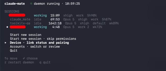 vlgutv's tweet photo. claude-mate is a terminal app now. The queue of your Claude Code sessions with a cursor in it: arrows move, Enter raises the one that needs you, a/f/m/c = ack, follow, mirror, continue. Same verbs as the desk device's buttons. No hardware required. https://t.co/VGWnBHL4ku https://t.co/BAwKY92hdi