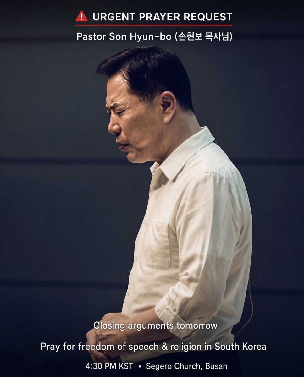 ChanceSon1226's tweet photo. 🚨 PRAYER REQUEST
Tomorrow, my father, Pastor Son Hyun-bo of Segero Church, South Korea, faces the final hearing of his appellate trial.

Closing arguments and the prosecutor’s sentencing recommendation come down at 4:30 PM KST (3:30 AM ET / 12:30 AM PT).

In the first trial, he was convicted under Article 85(3) of Korea’s Public Official Election Act — a law twisted to criminalize a sermon preached from his own pulpit, on the theory that a pastor’s “influence” over his own congregation counts as illegal campaigning. 
The judge who handed down that verdict has shown exactly whose interests he serves under Korea’s current leftist government.

My father appealed immediately. The prosecution appealed too, not because he was found innocent, but because they think the sentence wasn’t harsh enough. That tells you the scale of the pressure behind this case.

This is what religious persecution looks like in a country that still calls itself a democracy: a pastor punished for preaching, and prosecutors pushing for more.

Please stand with us in prayer, for freedom of speech, and for freedom of religion and conscience, to be protected in South Korea. 🙏