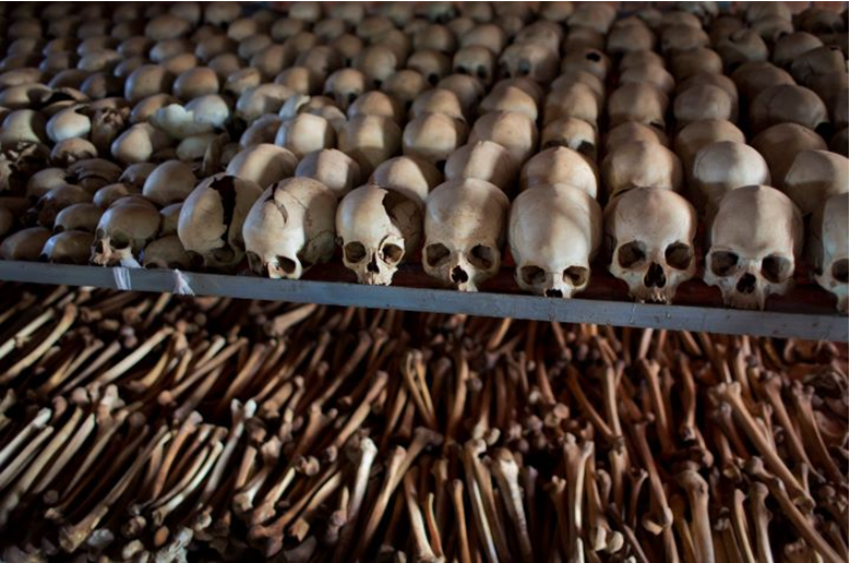 Rick_Horn's tweet photo. Might this be an actual genocide? The remains of Rwandan Genocide victims memorialize the 800,000 Tutsis exterminated by Hutu extremists, who openly publicized their intention to slaughter their enemy’s entire population. (Credit: Facts and Logic). This history is often met with silence today because it does not involve the Israeli conflict.
