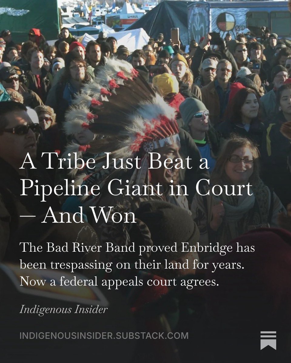 Songstress28's tweet photo. MY LATEST IS OUT VIA INDIGENOUS INSIDER: A pipeline company just got told, in federal court, to get off Native land.

On July 30, a U.S. appeals court found Enbridge liable for trespassing on Bad River Band territory in northern Wisconsin — land the company had no legal right to be on since 2013. Over a decade of trespassing. Millions in restitution. A pipeline that’s leaked at least 29 times since 1968.
Read/Share:

https://t.co/qFszcxdoMB