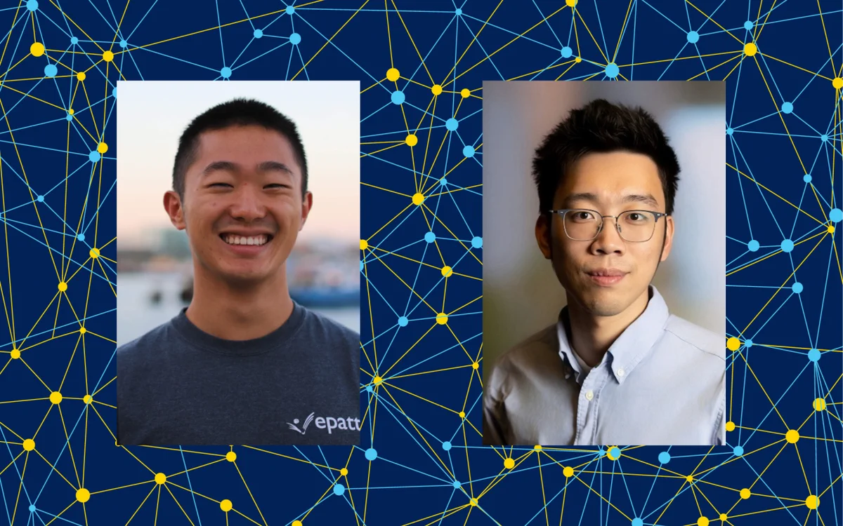 Two headshots side by side on a navy blue background with yellow and light blue connecting nodes.