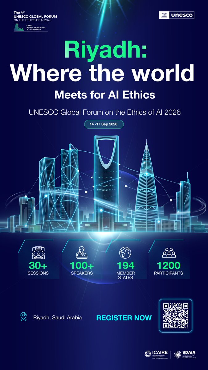 ICAIRE_AI's tweet photo. Four days in Riyadh, bringing the world together to discuss the future of ethical AI.
Be part of the UNESCO Global Forum on the Ethics of AI 2026.
September 14-17, 2026
Riyadh
Register now:
https://t.co/OMoqpQJS6N
#SaudiAIYear #GFEAI https://t.co/8PlLWXx6Ep