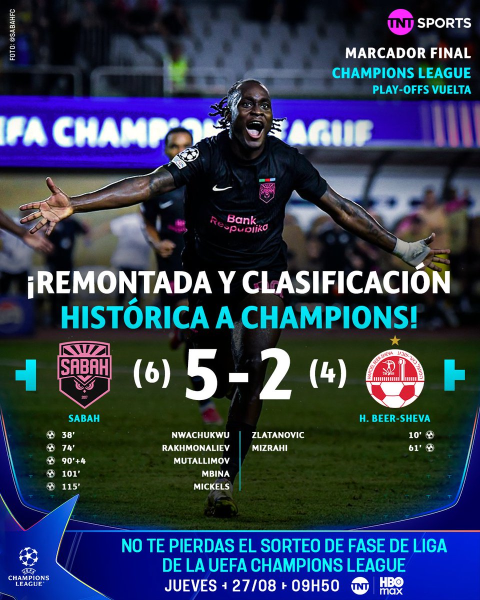 tntsportsmex's tweet photo. ¡UN PASE QUE SERÁ RECORDADO POR AÑOS! 🥵

Sabah firmó una remontada épica ante H. Beer-Sheva para clasificar por primera vez en su historia a la Fase de Liga de #BenditaChampions. 🇦🇿 

📲 @HBOMaxLat: https://t.co/JQG7BTwdTC

#TNTSportsEnHBOMax https://t.co/7kF9XHzrEs