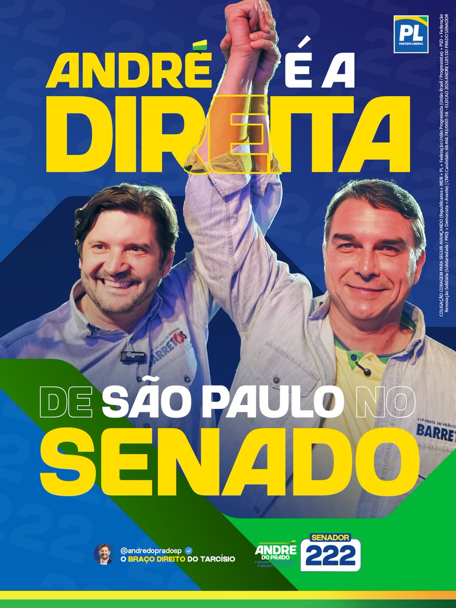 andredopradosp's tweet photo. O CANDIDATO DA DIREITA E DA FAMÍLIA BOLSONARO EM SÃO PAULO 🇧🇷

Tenho a honra de contar com a confiança e o apoio do presidente Jair Bolsonaro e de seus filhos, o futuro presidente Flávio Bolsonaro e o sempre deputado federal Eduardo Bolsonaro.

Uma confiança que aumenta ainda mais a minha responsabilidade de representar São Paulo no Senado, defender nossas famílias, nossos valores e trabalhar por um Brasil melhor para a nossa gente.

Ao lado do governador Tarcísio de Freitas, quero levar para Brasília a mesma parceria de trabalho que vem fazendo São Paulo avançar.

A direita tem lado. Em São Paulo, é André do Prado!

Para Senador: André do Prado 2️⃣2️⃣2️⃣✅
Para Governador: Tarcísio de Freitas 1️⃣0️⃣✅
Para Presidente: Flávio Bolsonaro 2️⃣2️⃣✅