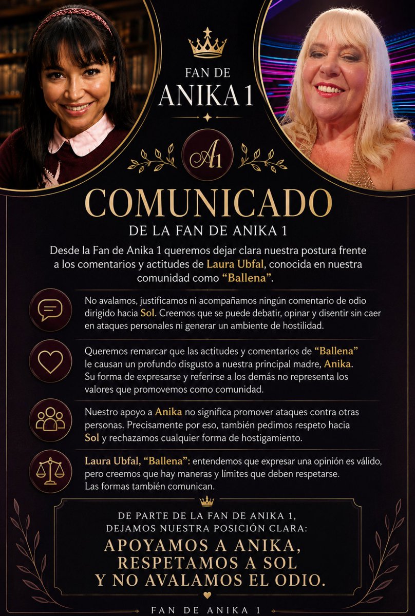 fansdeanika1's tweet photo. COMUNICADO DE LAS ANIKER’S

Las Aniker’s queremos dejar nuestra postura clara: apoyamos a Anika desde el respeto y no vamos a acompañar ninguna expresión de odio hacia Sol.

Al mismo tiempo, consideramos importante señalar que ciertas actitudes de Laura Ubfal, Ballena asquerosa, generan un profundo disgusto en nuestra comunidad y, especialmente, en nuestra principal referente, Anika.

#Granhermano