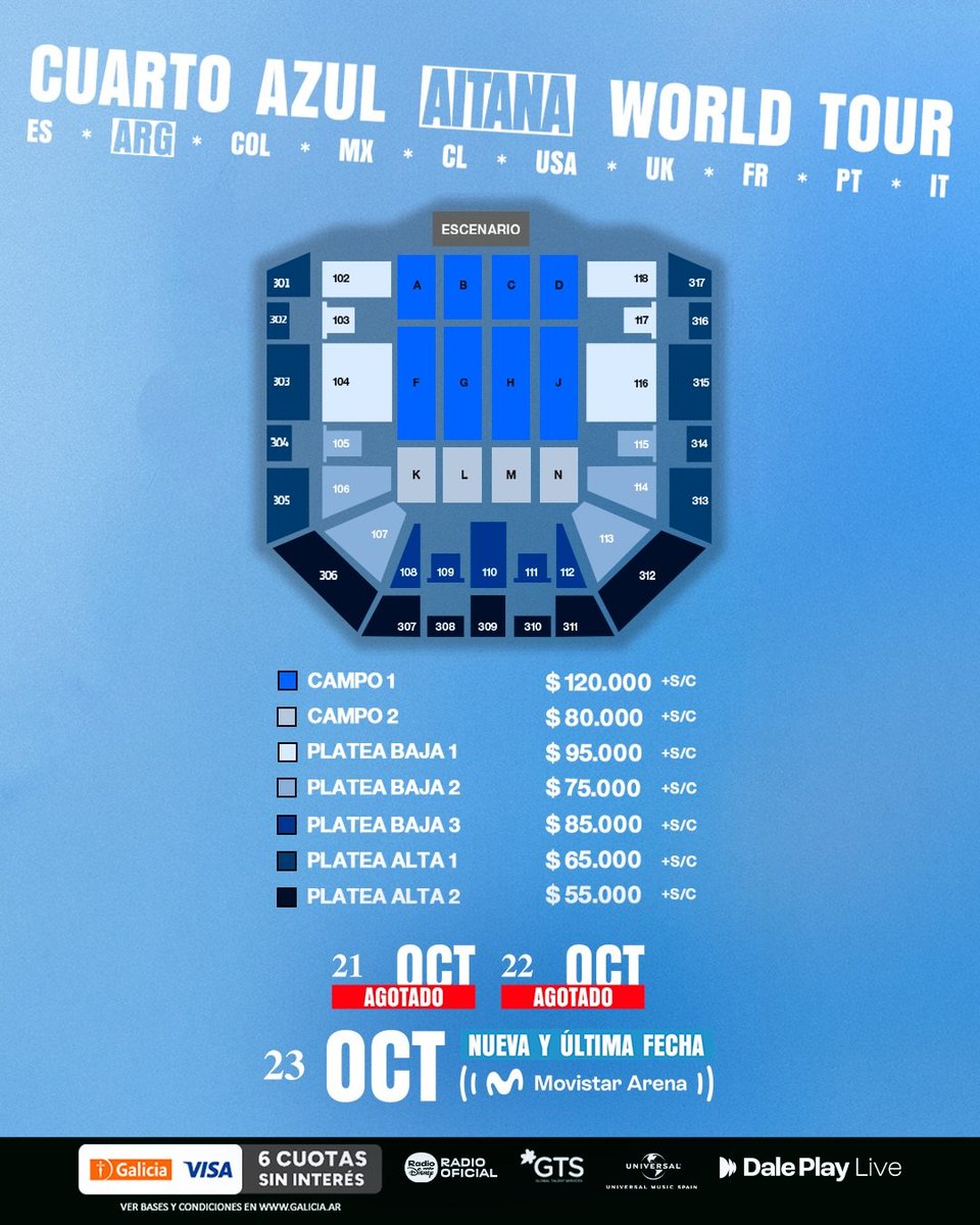 AitanaArgentina's tweet photo. Nueva y última fecha de @Aitanax en Argentina 🇦🇷💙🥹

🗓️ 21 de octubre | AGOTADO
🗓️ 22 de octubre | AGOTADO
🗓️ 23 de octubre | NUEVA FECHA
🏟️ Movistar Arena

💳 Venta general con todos los medios de pago disponible mañana 26 de agosto a las 16hs. 

🔗https://t.co/2Gb5Dips6e https://t.co/Rg1IKzYxDF