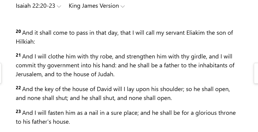AntiochOReilly's tweet photo. @FerrisNikoli @ekaurpokhran @prachyam7 That only works if you are deliberately dense and stop reading at verse 16 and if you don't understand that verse 19 is a reference to Isaiah 22:22, where King David gives the keys of the Kingdom to his steward (Eliakim). David is still king, but Eliakim can represent him. https://t.co/PLJjFb4d7A