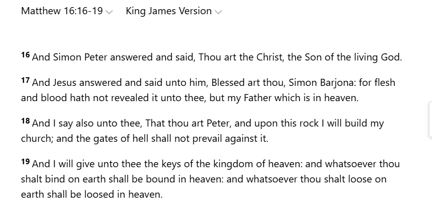 AntiochOReilly's tweet photo. @FerrisNikoli @ekaurpokhran @prachyam7 That only works if you are deliberately dense and stop reading at verse 16 and if you don't understand that verse 19 is a reference to Isaiah 22:22, where King David gives the keys of the Kingdom to his steward (Eliakim). David is still king, but Eliakim can represent him. https://t.co/PLJjFb4d7A