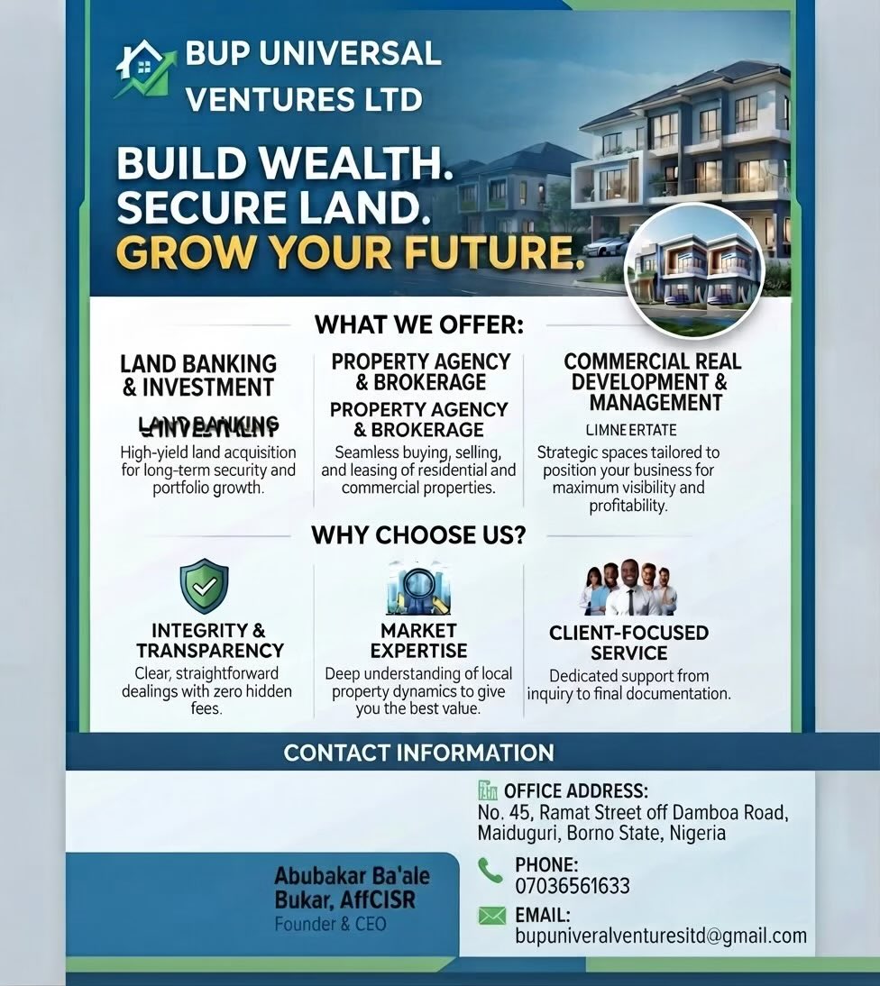 MrBaalex's tweet photo. BUP Universal Ventures Ltd: Build Wealth, Secure Land, Grow Your Future. Real estate and investment services in Maiduguri. Contact: 07036561633 https://t.co/xZ8yCcwd4K