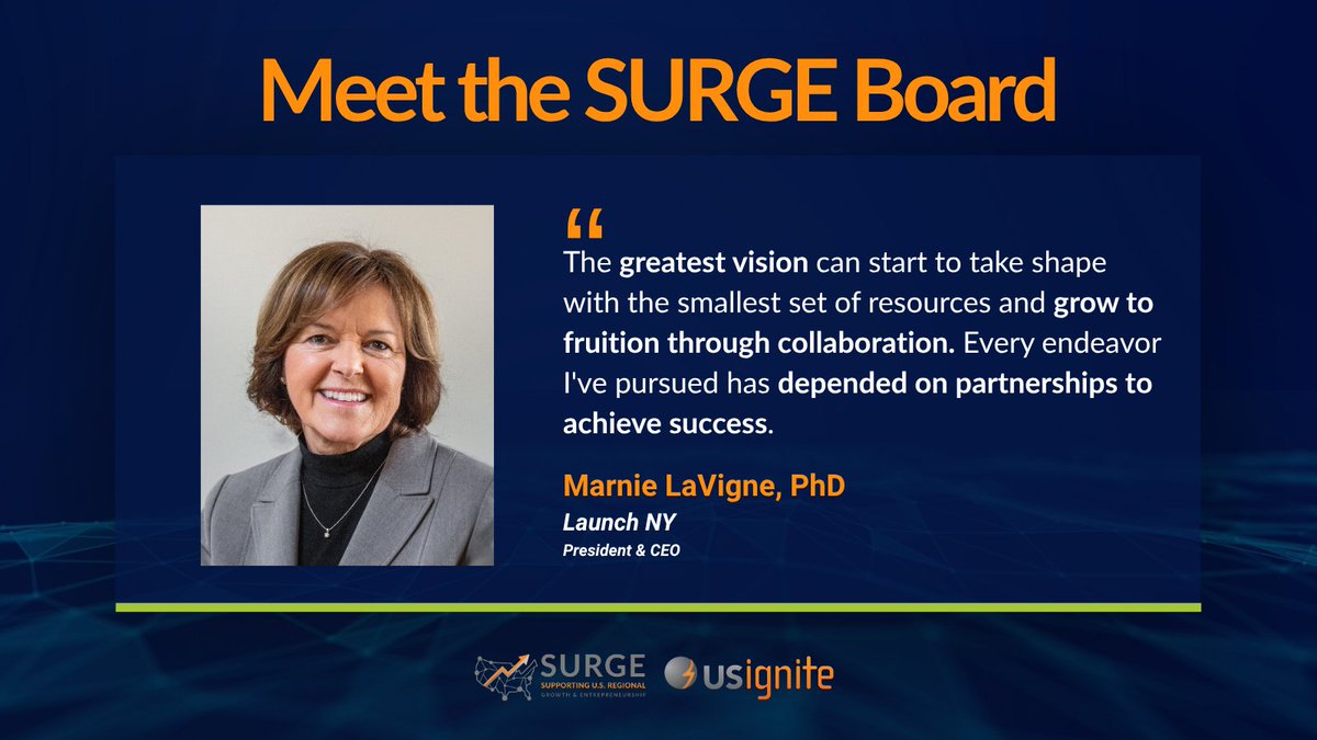 US_Ignite's tweet photo. 💡Board Member Spotlight: Marnie LaVigne, President &amp; CEO of @Launch_NY, encourages regional coalition leaders to find collaborators early to build community, stay motivated, and embrace opportunities ahead. 🌟

🔗Learn more about SURGE: https://t.co/SAY0IJqYGa https://t.co/rj1rYx3DeT